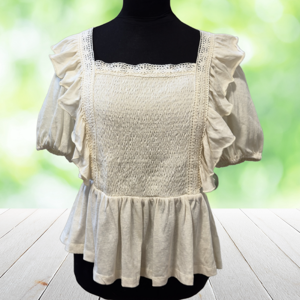 EASEL Prairie Blouse Cottagecore Smocked Ruffle Peplum Crochet Lace Size L